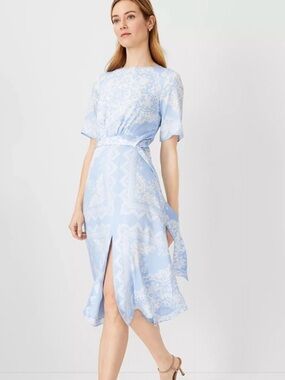 Ann Taylor Pale Blue & White Printed Midi Dress